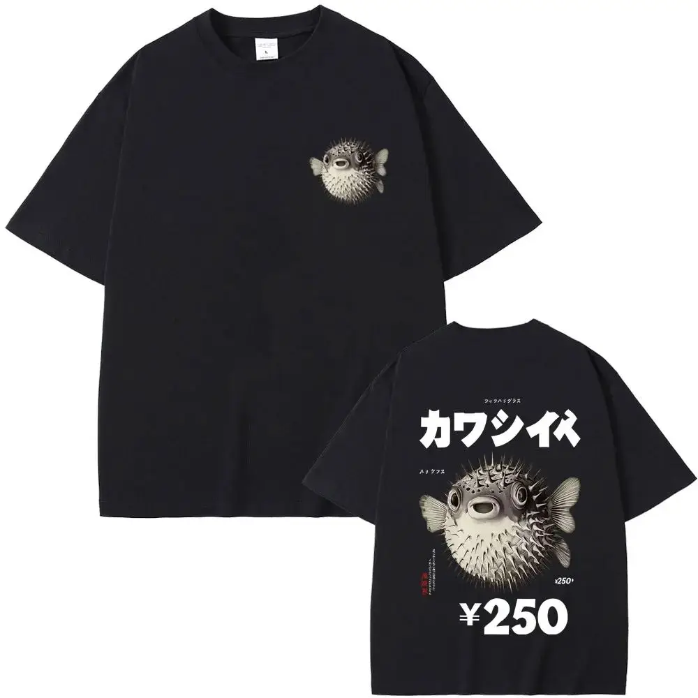 Camiseta Divertida Estilo Japonés Vintage Y2K, Camiseta con Gráfico de Pescado Fugu y Ramen, Camiseta Informal Holgada con Estampado Oversize Unisex