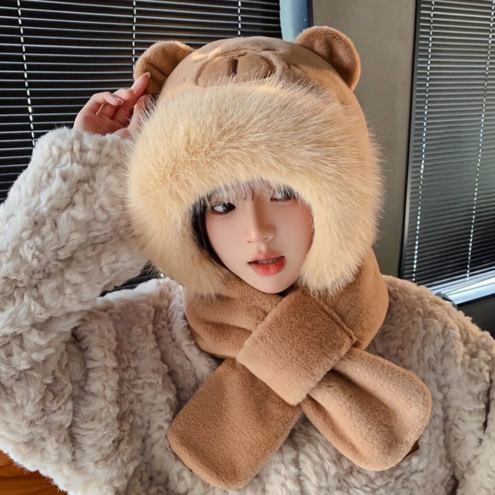 

Earmuff 3 in 1 Capybara Hat Scarf Set Cartoon Panda Furry Scarf Cap Set Windproof Thickened Scarf Hat Glove for Women Lady