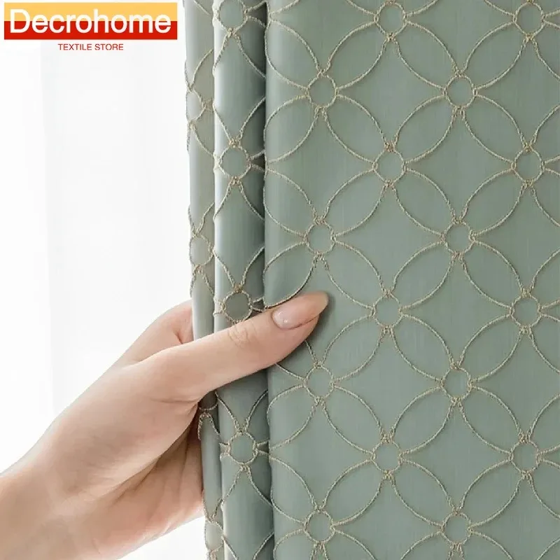 

Custom Grey Green Four Leaf Clover Relief Jacquard Thickened Blackout Curtains for Living Room Bedroom French Window Balcony