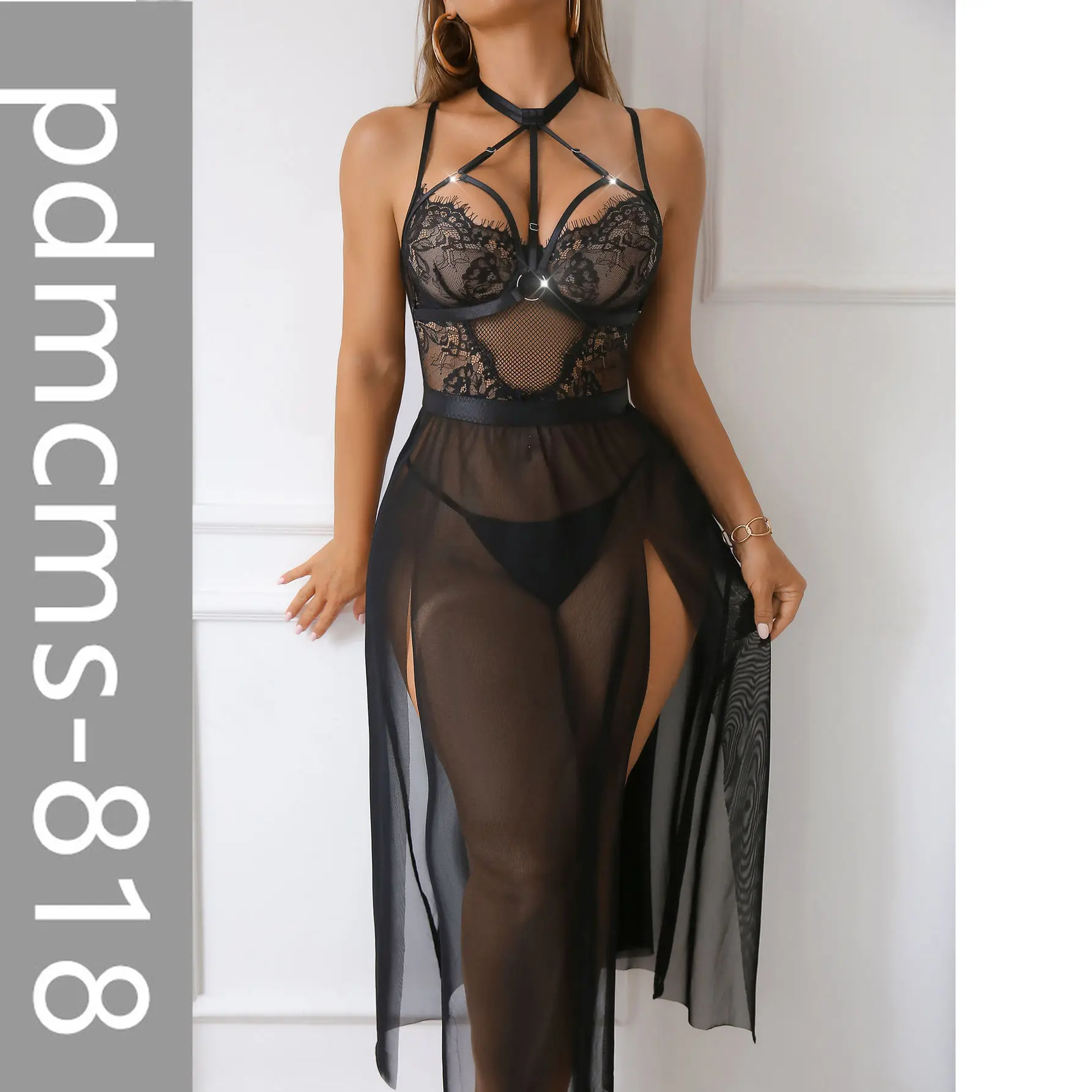 

2025 новое европейское и американское нижнее белье, перспективное черное сексуальное нижнее белье, длинная ночная рубашка, стринги с высоким разрезом 317