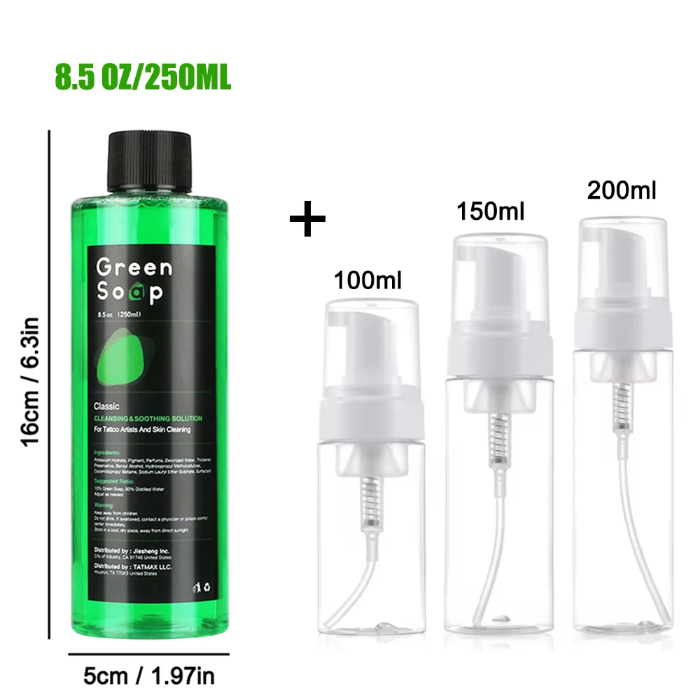 

250ml Ultra Concentrated Green Tattoo Soap with 100ml Foaming Bottle Tattoo Supplies for Tattoos Piercings/ Skin Equipment Clean