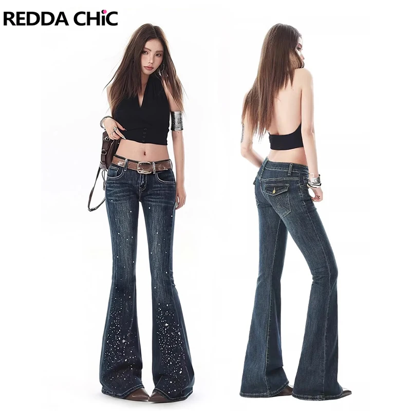 REDDACHiC Women's Low Waist Rhinestone Jeans Concert Party Slim Fit Do Old Stretchy Bootcut Pants Bell Bottoms Y2K Streetwear