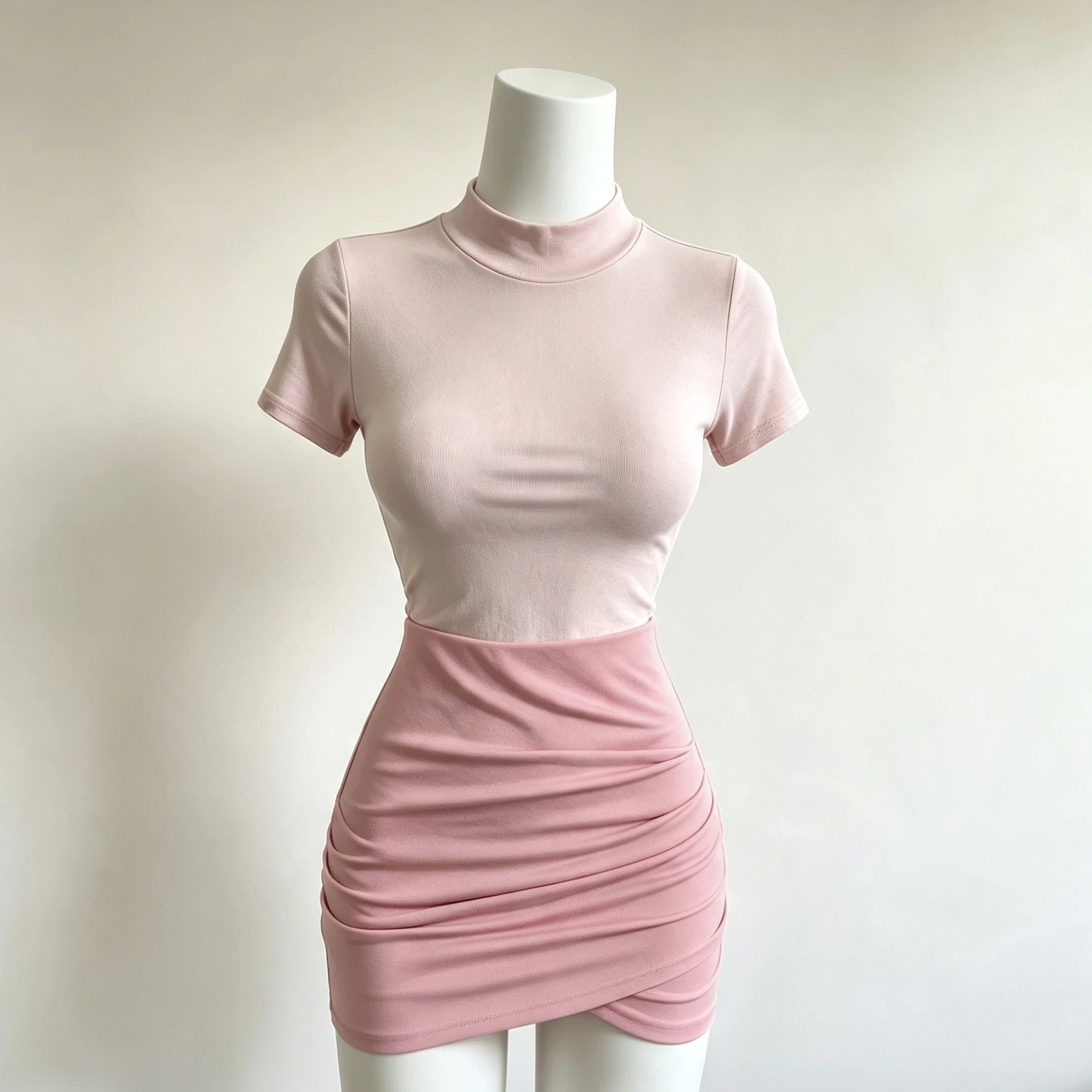 Pure Desire Sexy High Waist Pink Half High Collar Arc Short Sleeve Base Shirt with Pleated  Skirt Set Youthful Look