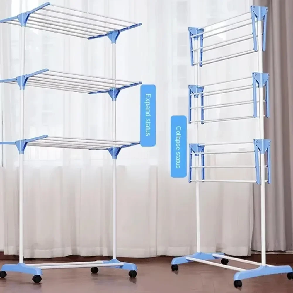 Coat Rack Foldable Floor Standing Towel Racks Stainless Steel 3-Layer Clothes Hanger Household Multifunctional Clothes Shelves