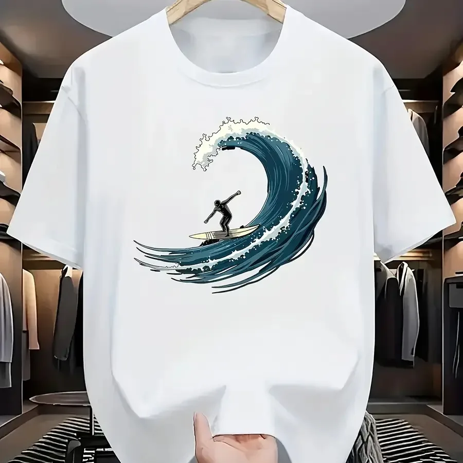 【New style】The White Short-sleeve T-shirt Displayed in the Fashionable Cloakroom Scene Features an Artistic Teal Wave and Surfe
