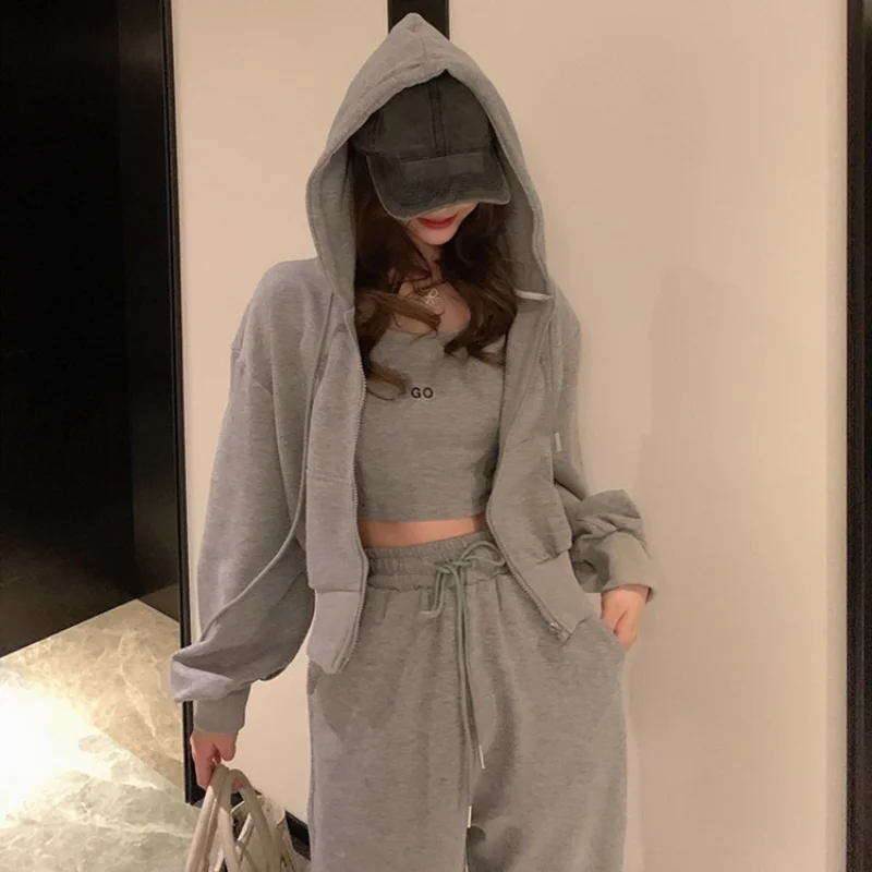 Casual Sports Suits Women Spring Autumn New Korean Loose Cardigan Hoodies Leggings Sweatpants And Suspenders Three-piece Sets