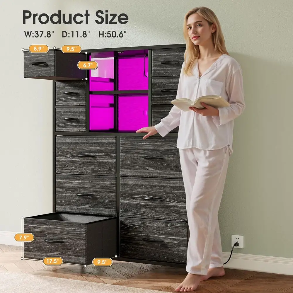 Estação de carregamento para quarto DAFIFY e cômoda com luz LED, grande corredor/sala de estar, entrada, estrutura de metal, cômoda e baú preto, 50.6