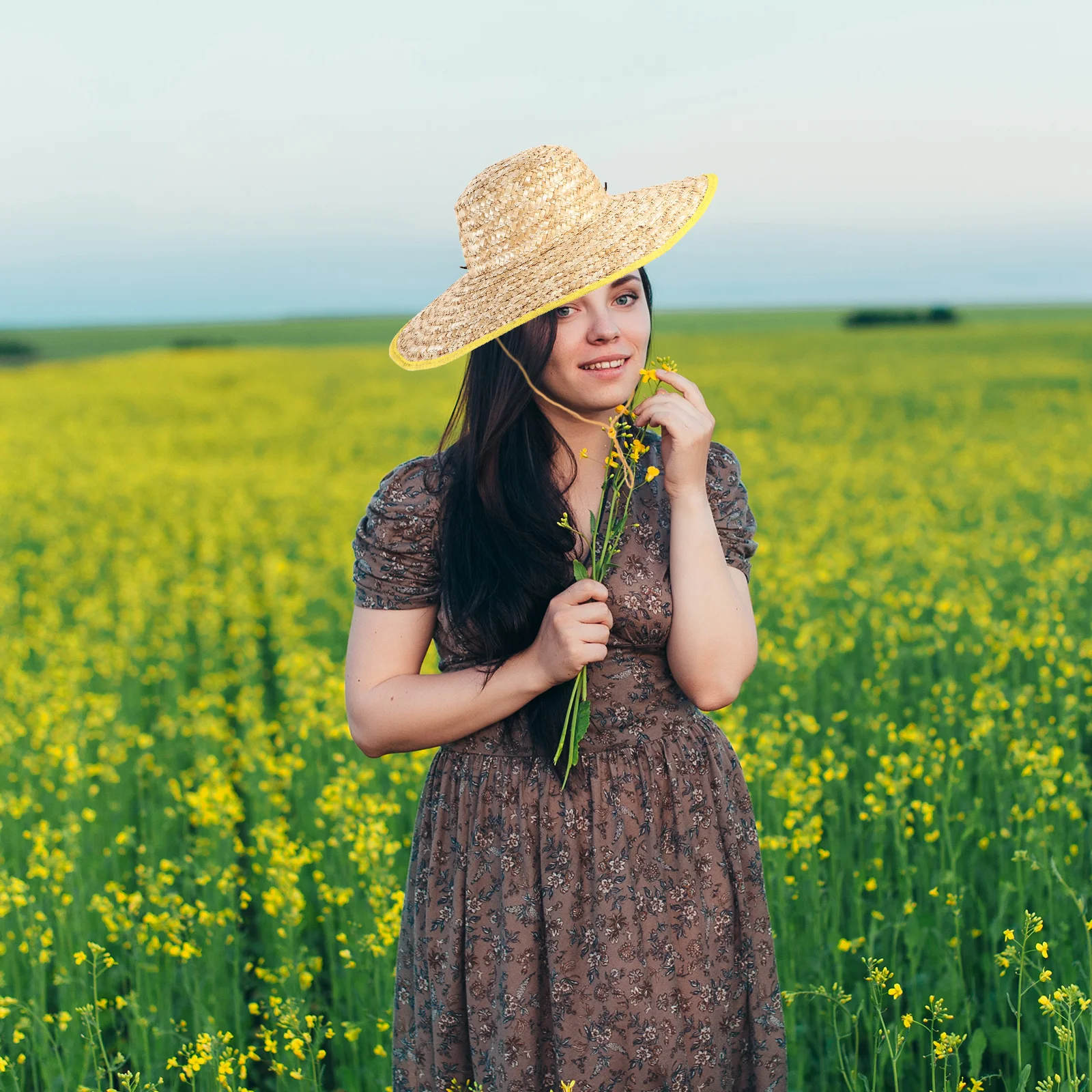 

1pc Wide Brim Western Party Decorations Straw Hats Hat 45CM Khaki Random Rope Straw Hat for Women Beach Farming Summer Style