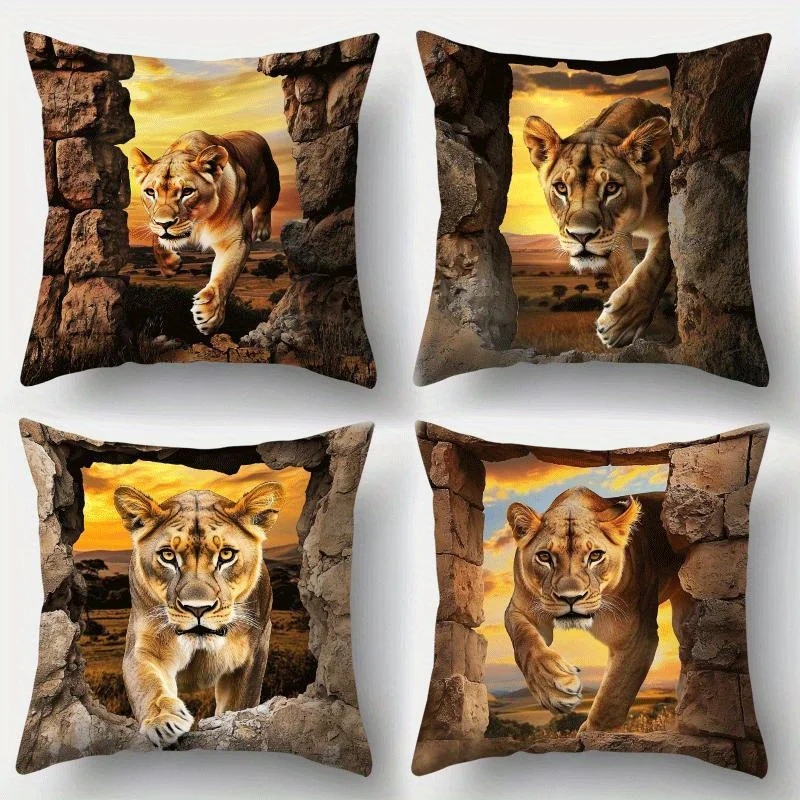 Wildlife Safari Style Pillow Covers, Realistic Lioness in 3D Wall Breakthrough Print Cushion Cases, Cozy Home Decor for Bedroom