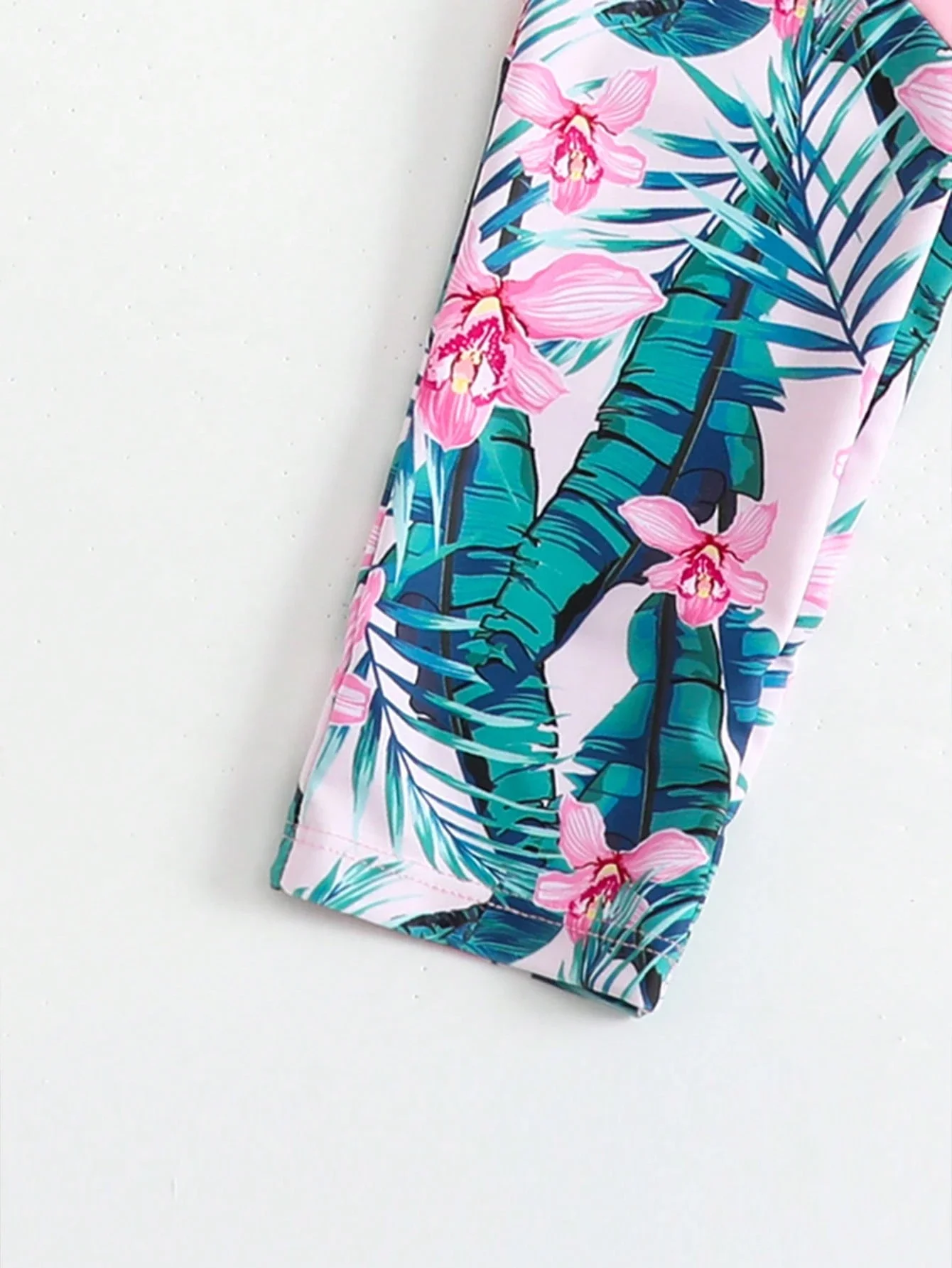 Pink Tropical Print Patchwork Rash Guard Set For Women Beach Vacation Swimwear