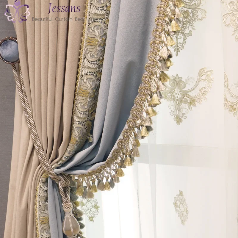 2024 Custom curtain new modern luxury European thick velvet embroidery yarn cloth blackout curtain for living room bedroom