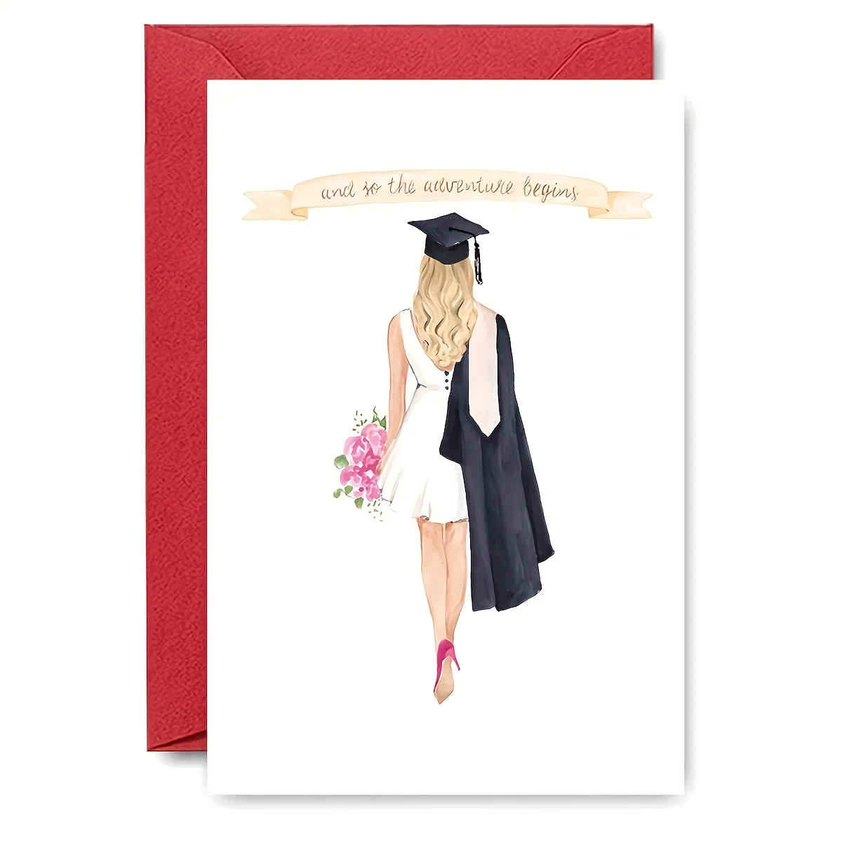 Elegant Watercolor Graduation Card - Girl in Dress and Flowers and "Adventure Journey" Banner - Perfect Graduation Gift