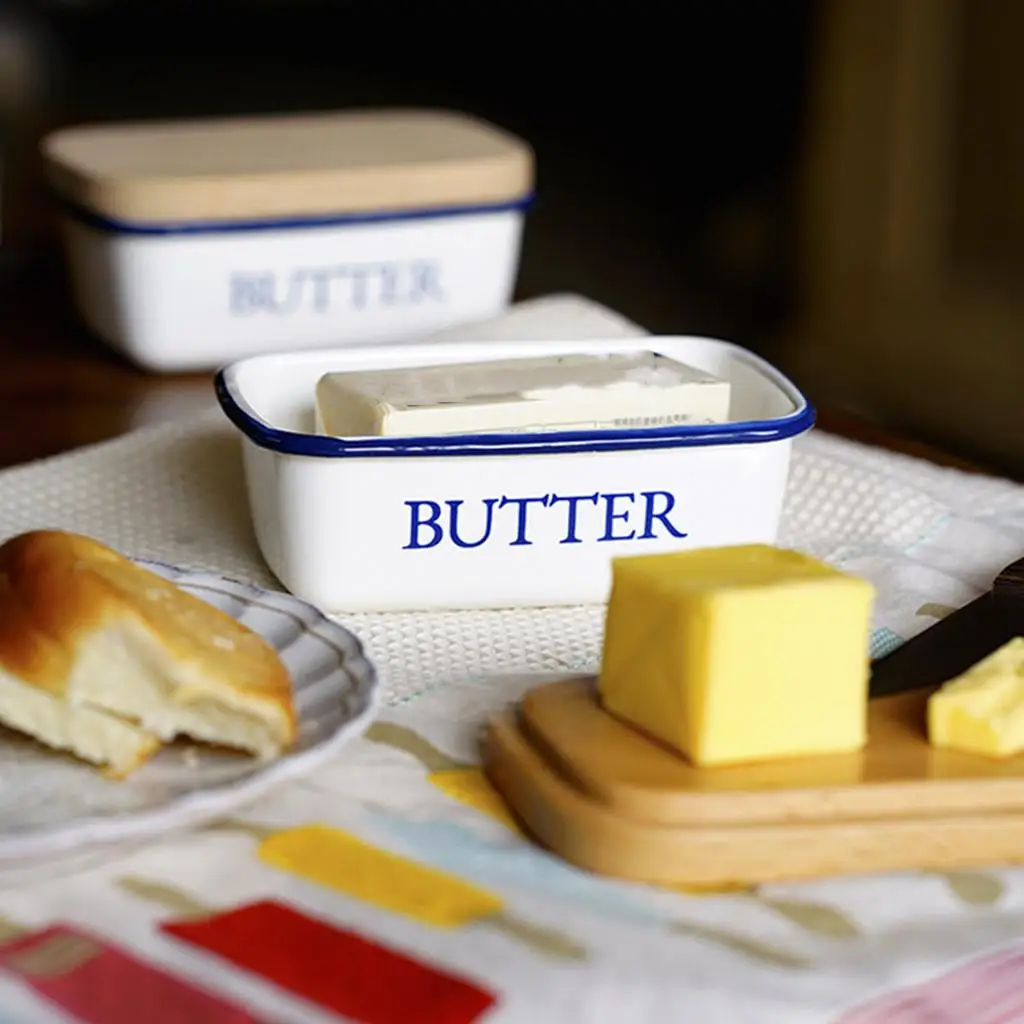 Enamel Butter Dish with Lid Holder Flanging Preservation Vintage Butter Keeper