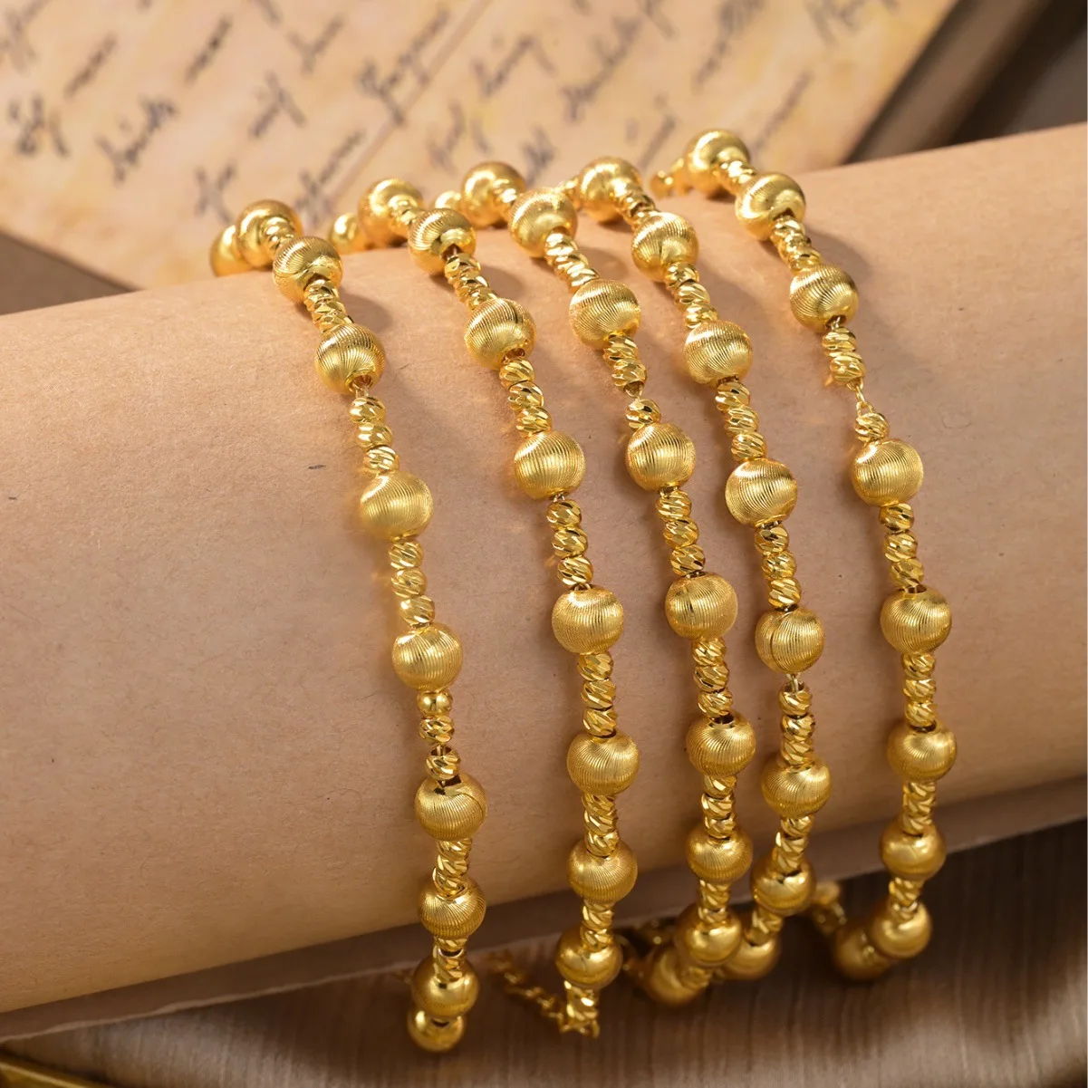 ESALE Fashion Vintage Charm Bangle 5pcs/set Colorful Gold Plated Bead Women's Bracelets Wedding Anniversary Party Jewelry Gift