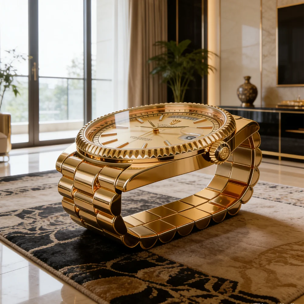 G*-Modern Gold Fiberglass Watch Coffee Table Luxury Shape Desk Art Deco Living Room Furniture