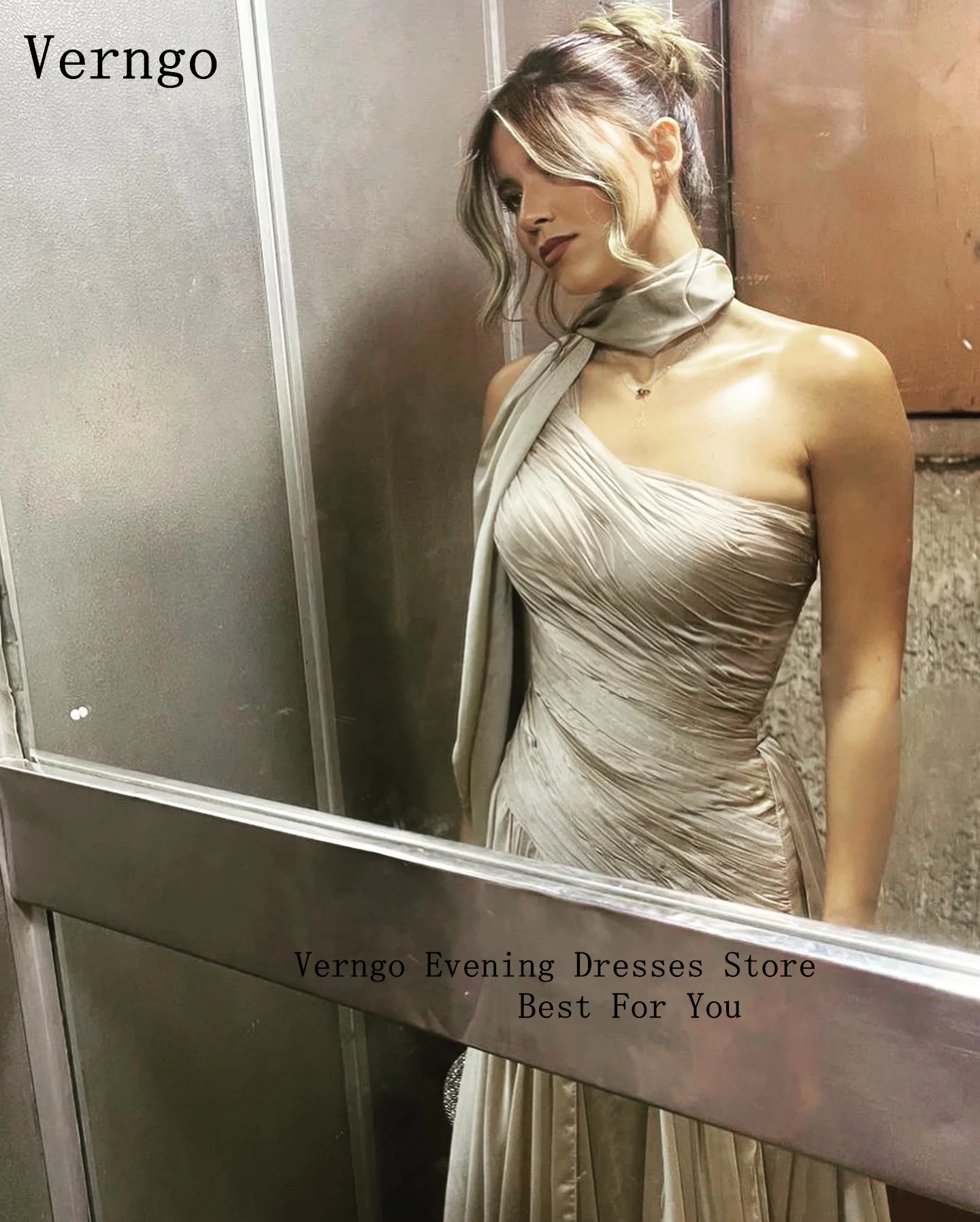 Verngo – robe de soirée grise, asymétrique épaule dénudée, ligne A, Maxi, fluide, plissée à la main, en soie, personnalisée