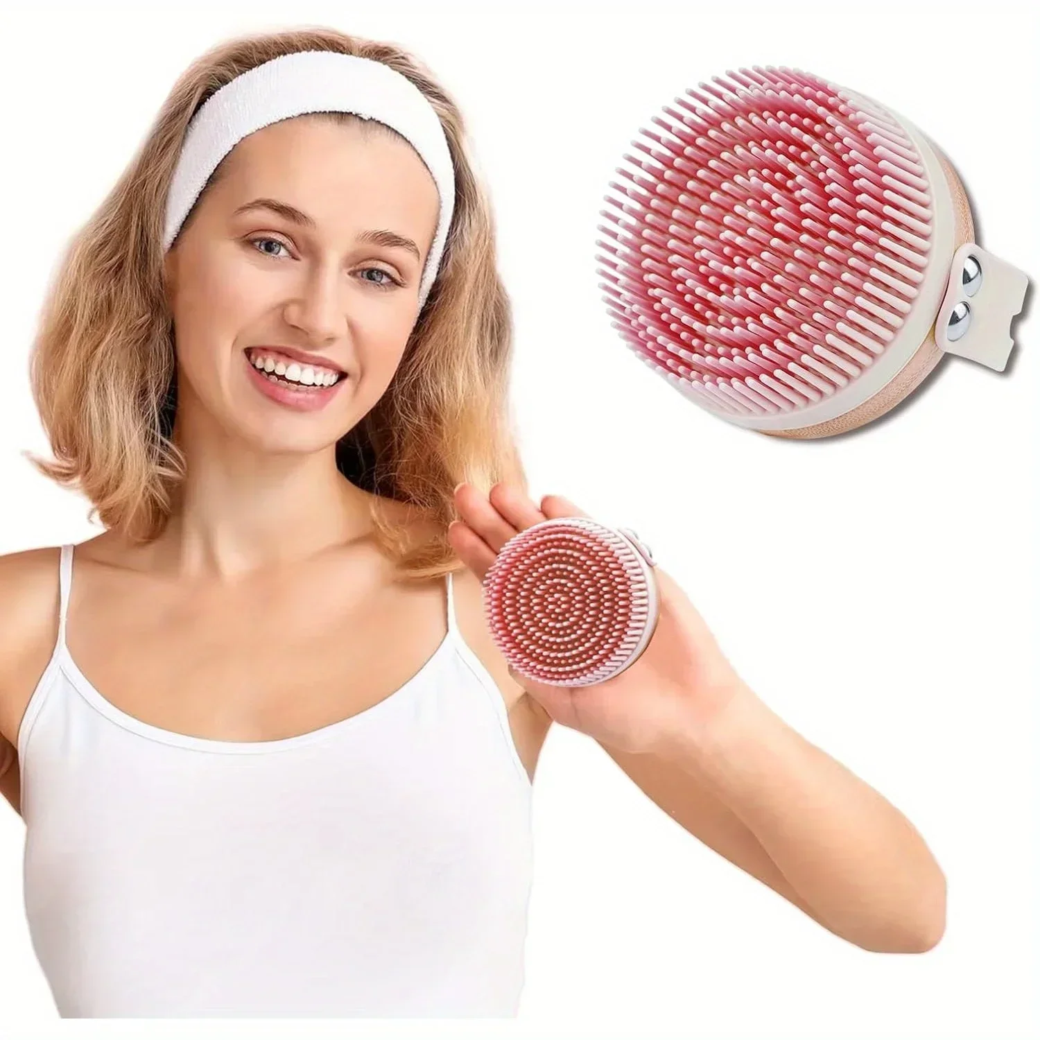 

Bamboo & Silicone Body Scrubber for Shower Exfoliating Bath Brush with Soft Bristles Ergonomic Strap Handle for Women & Men