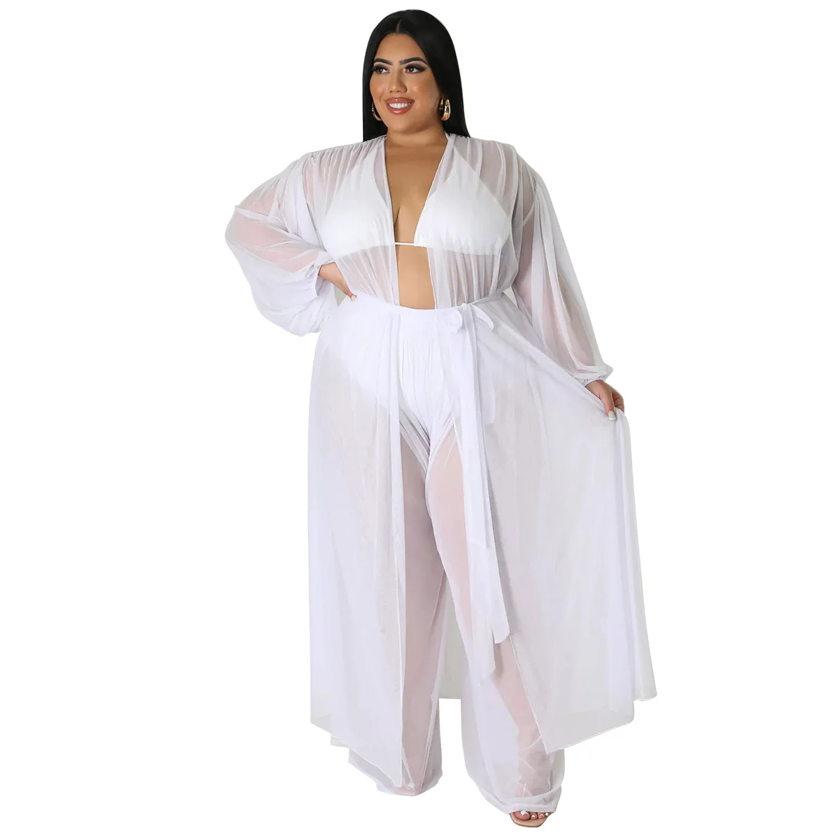 Plus Size Loose Sheer Mesh Two Piece Set Summer Women Clothes Beach Style Long Sleeve Cardigan Cover-ups Pants 2 Pieces Set 2023