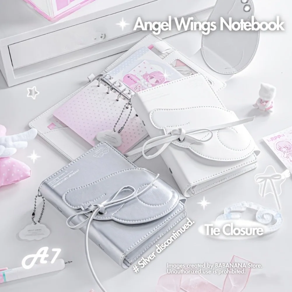 Kawaii Angel Wings Notebook A7 Leather 3 Fold Binder Journal Elastic Closure Loose Leaf Sketchbook Multi Pocket Storage Planner - view 6
