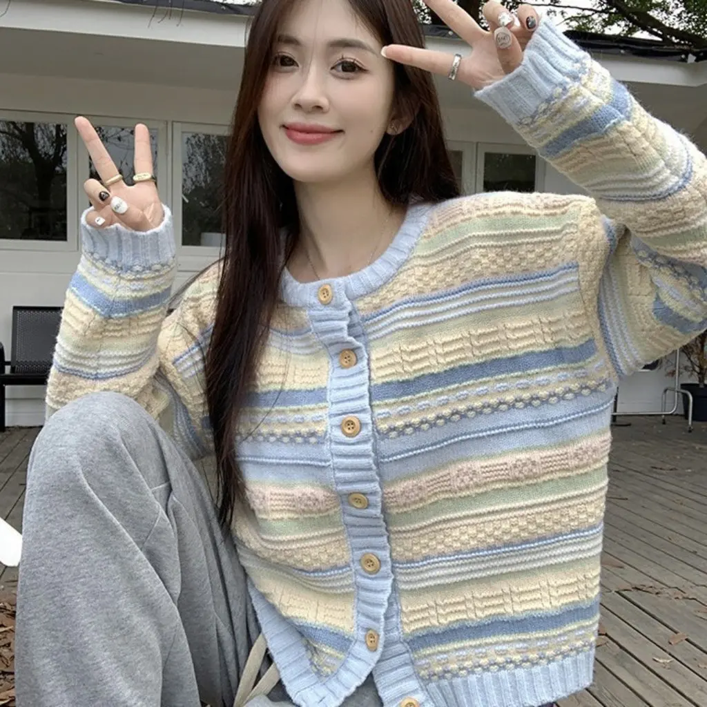

Women's Early Spring Autumn Korean Style Loose Striped Knitted Cardigan Thin All-match Sweater Coat for Ladies
