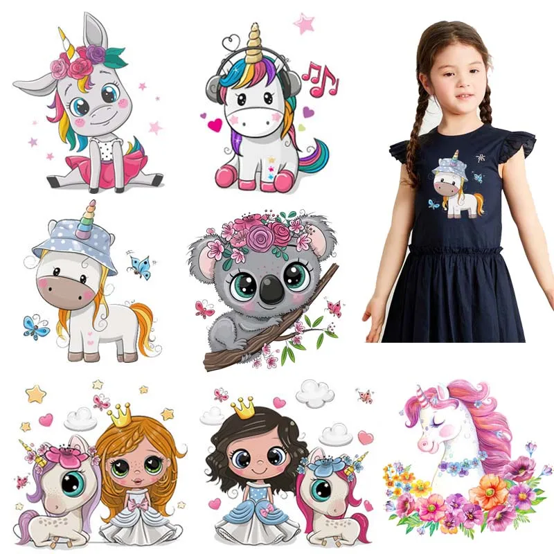 Unicorn Girl Applique Iron-on Transfers For Kids Clothes Cartoon Animal Heat Thermal Transfer For Clothing Washable Stickers DIY