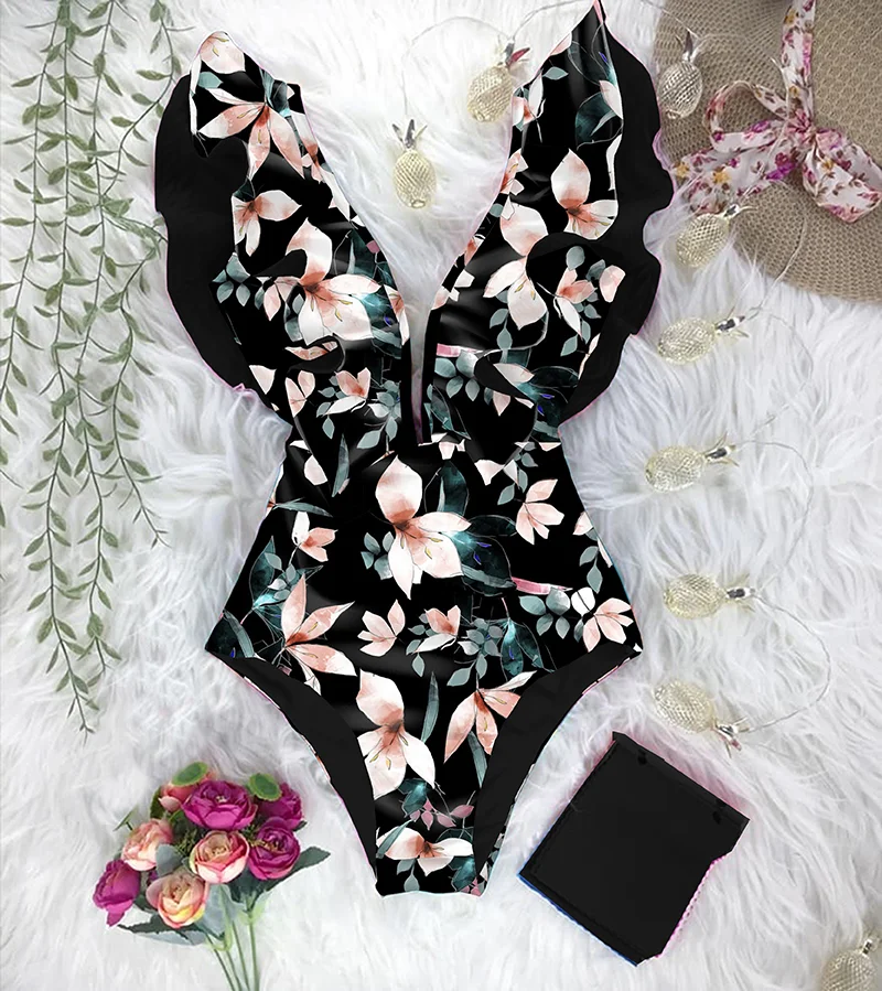 2024 New Arrival Ruffle Swimwear V-Neck Shoulder One Piece Swimsuit Women Floral Printed Tropical Summer Beach Bathing Suit