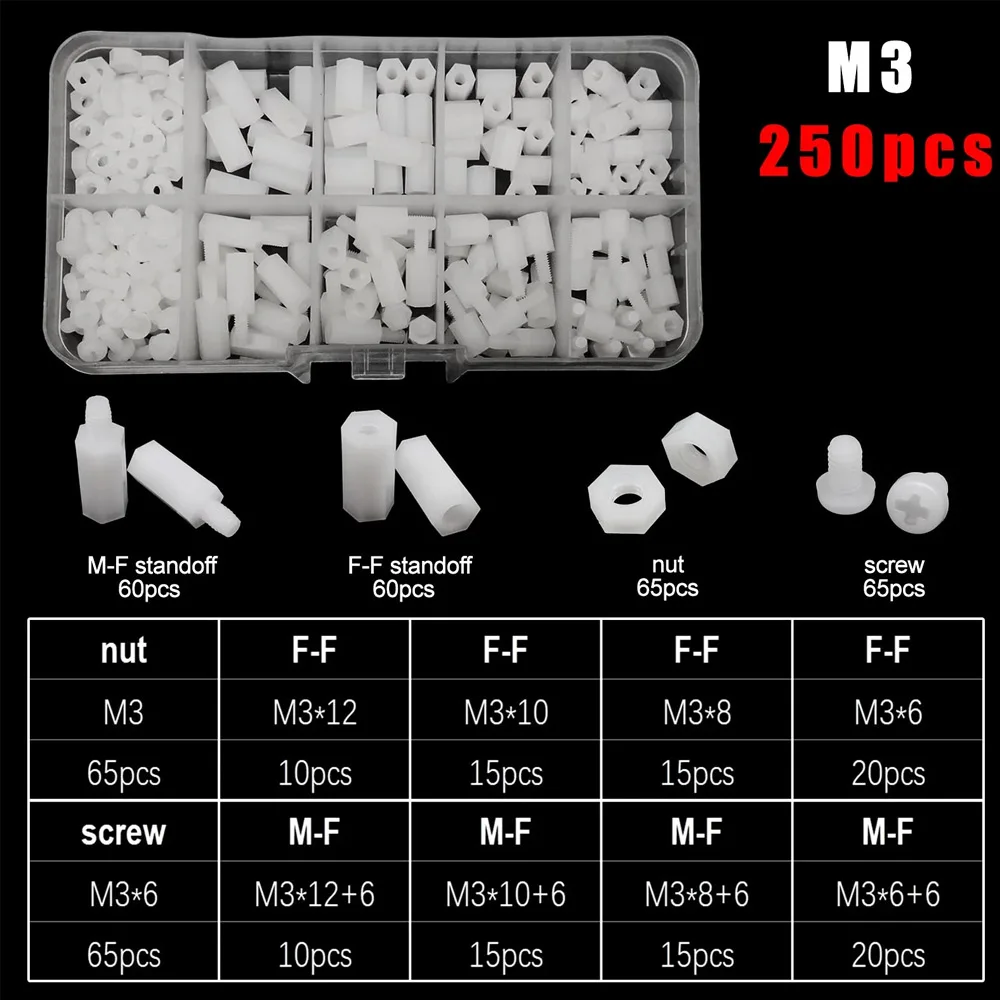 250pcs/box M3 White Plastic Nylon Insulated Hex Standoff Hexagon Pillar Spacer Column Screw Nut Mix Size Assortment Kit Set