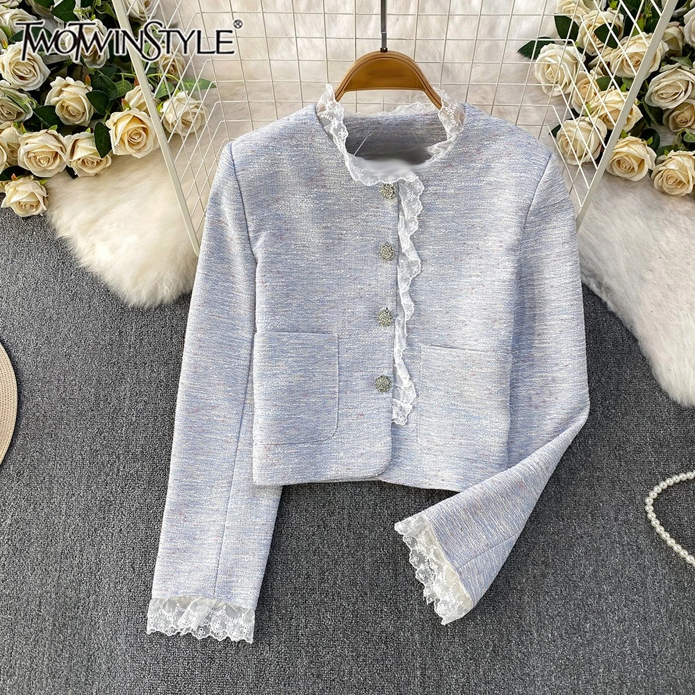 

TWOTWINSTYLE Temperament Fresh Jackets For Women Round Neck Long Sleeve Spliced Lace Spring Casual Coat Female Fashion KJA559553