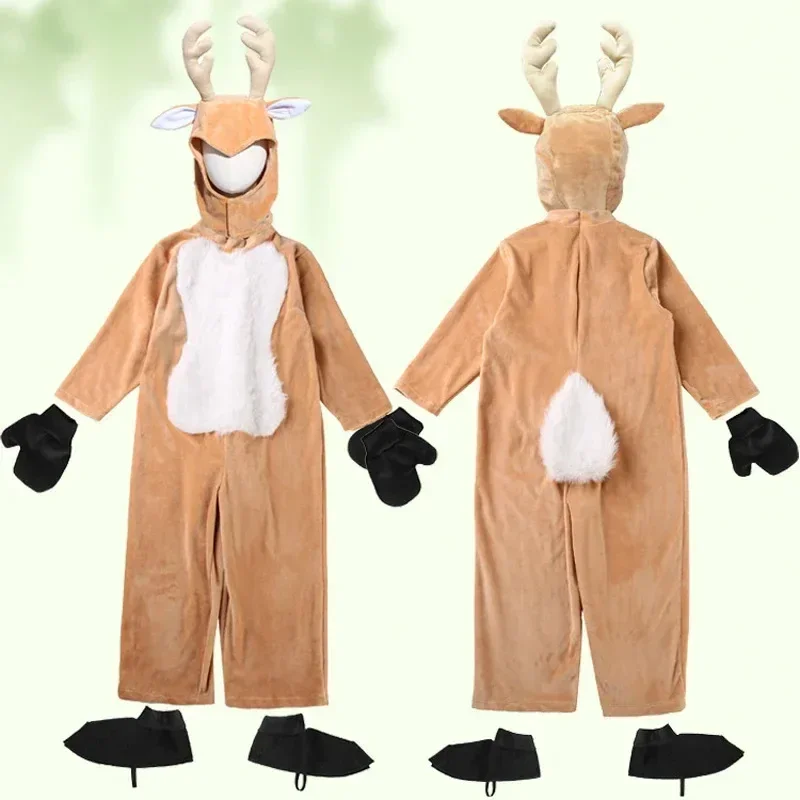 

Christmas Reindeer Kids Cosplay Costumes Khaki Deer Jumpsuit Halloween Carnival Animal Party Boys Girls Stage Performance