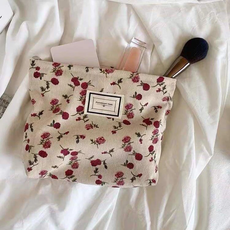 Corduroy Flower Cosmetic Bag Clutch Bag Large Makeup Organizer Bags Korean Cosmetic Pouch Women Cute Toiletry Beauty Case