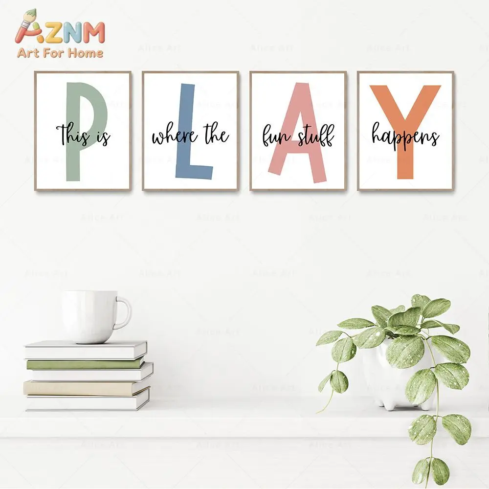 AZNM Playroom Quote Canvas Wall Art Colorful Letter Inspirational Text Print Frameless Canvas Painting Kids Play Area Nursery Ho