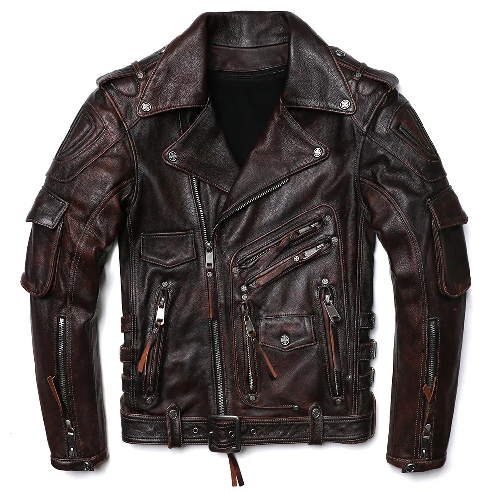 NEW Vintage Brown Professional Motorcycle Leather Jacket Heavy Natural Cowhide Coat Thick Ooblique Zipper Clothes Plus size 6XL