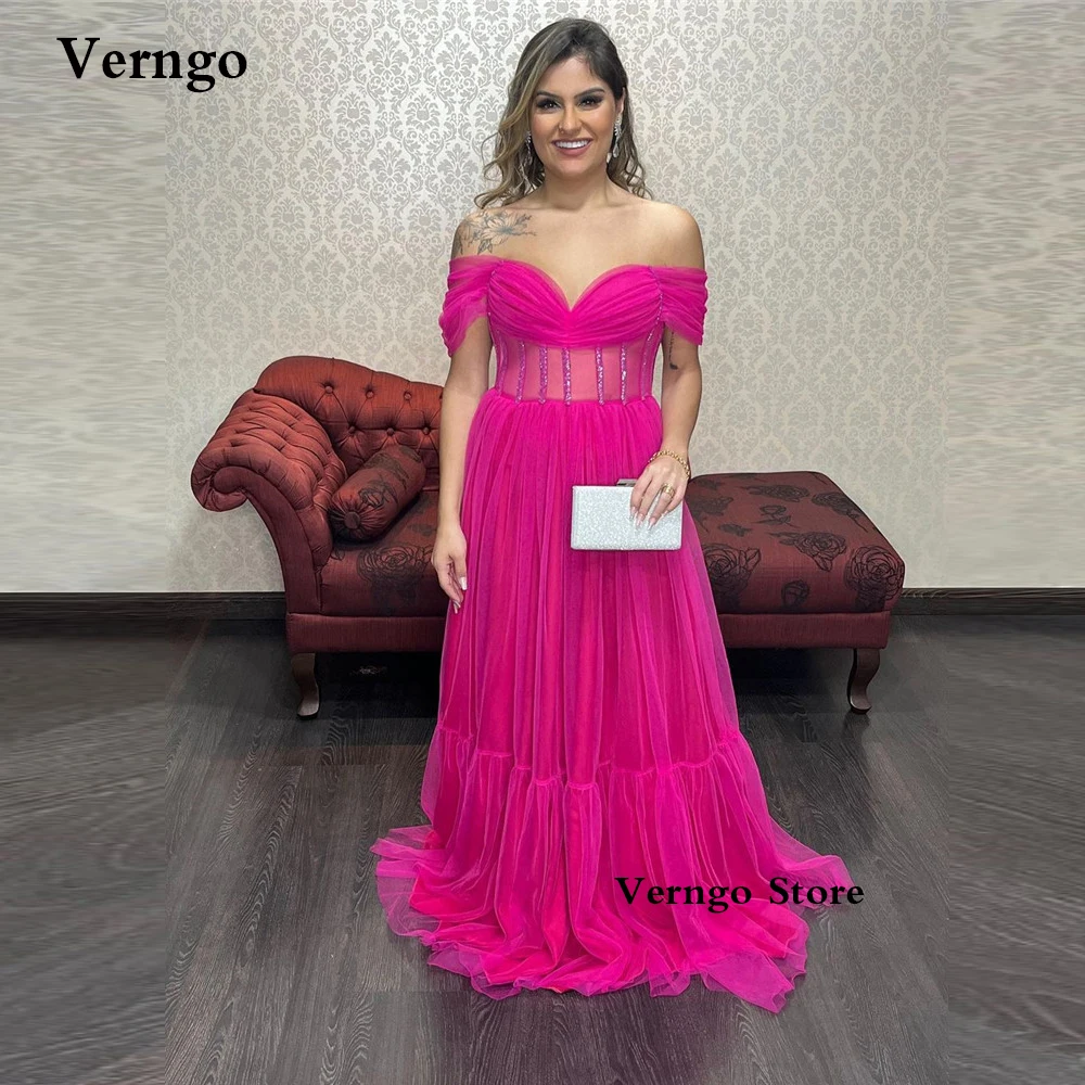 

Verngo Sexy Off the Shoulder Tulle Hot Pink Prom Dresses Sweetheart Bones Tiered Plus Size Women Long Evening Gowns