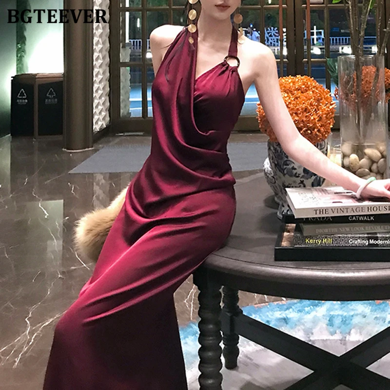 BGTEEVER, moda de verano, cintura delgada, paquete sin espalda, vestido de satén a la cadera para mujer, elegante vestido de fiesta sin mangas con cuello Halter