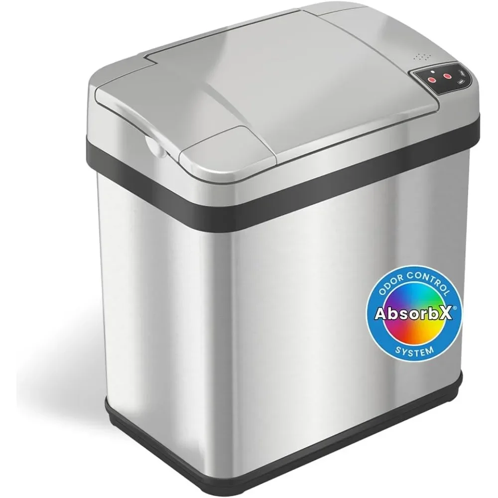 13 Gallon Battery-Free Automatic Sensor Trash Can with Odor Control and AC Power Adapter, Touchless Stainless Steel Garbage Bin