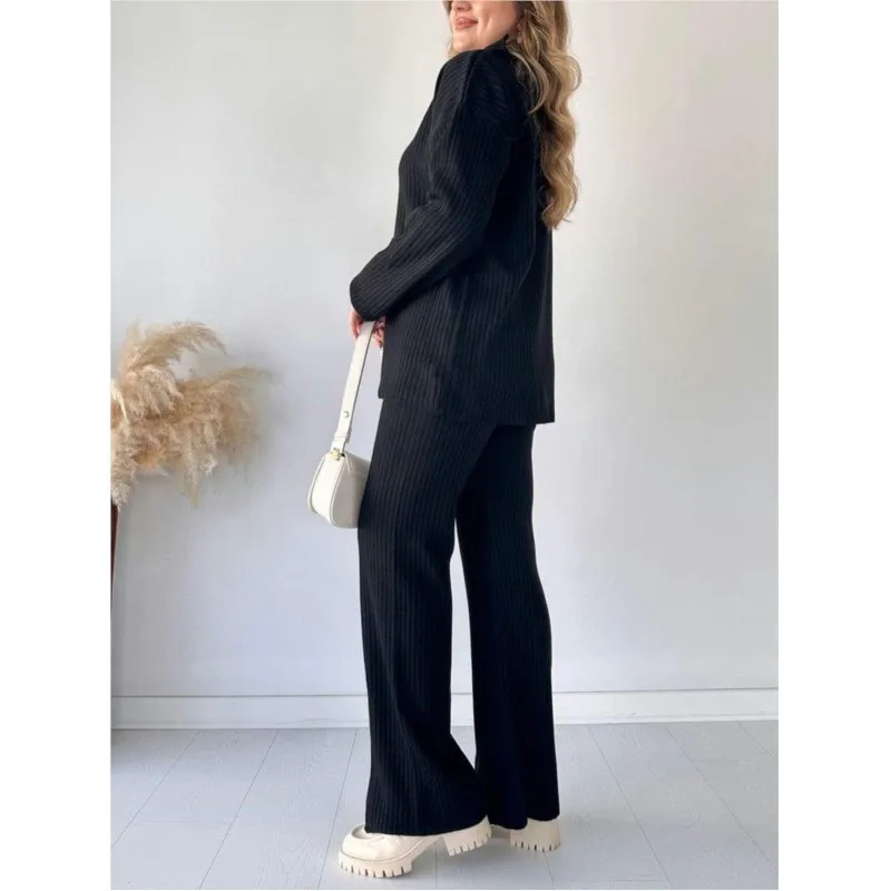 Casual knitted home suit women\'s warm zipper top trousers lapel long sleeves high waist trousers 2 piece suit