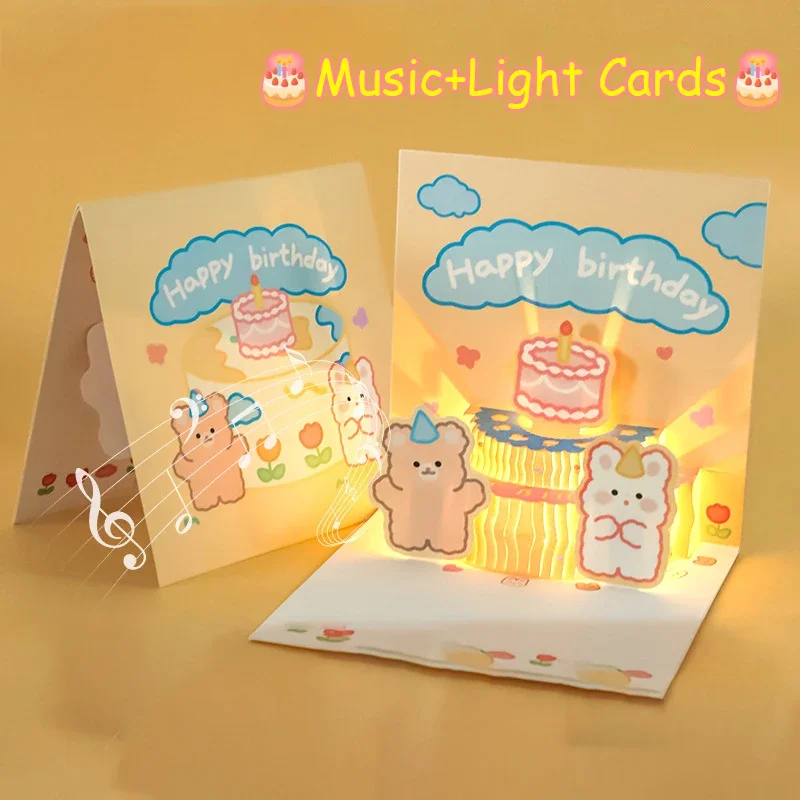 3D Pop Up Light Music Birthday Card Cute Bear Cake Greeting Cards Happy Birthday Party Surprise Blessing Card Gifts