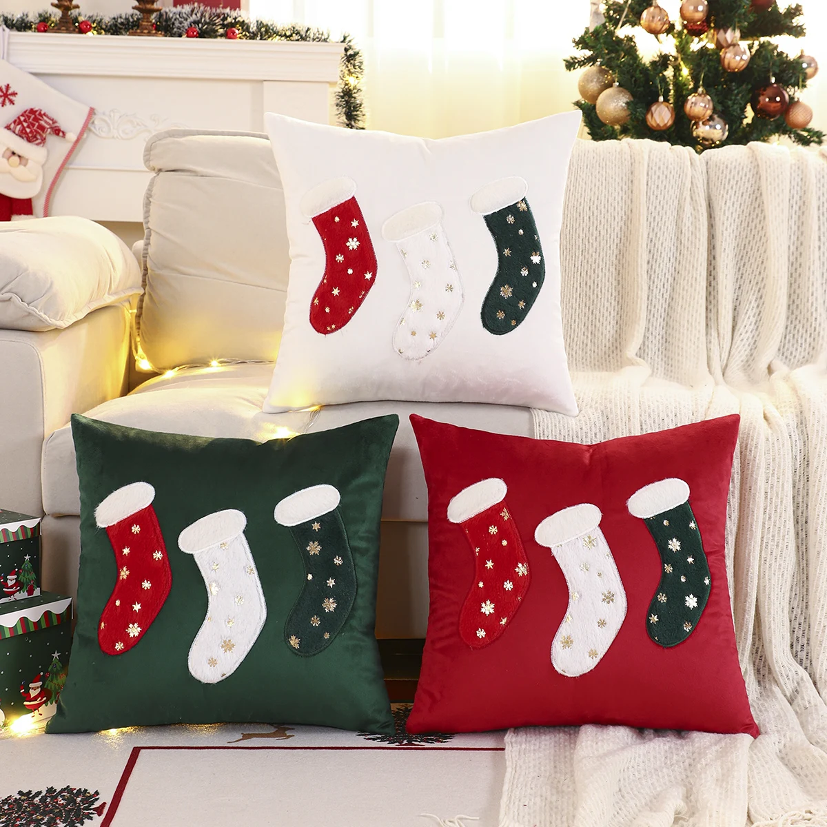 1PC Plüsch Weihnachtssocken Dekokissenbezug Samt Stickerei Schneeflocke Weihnachtsdekoration Wohnzimmer
