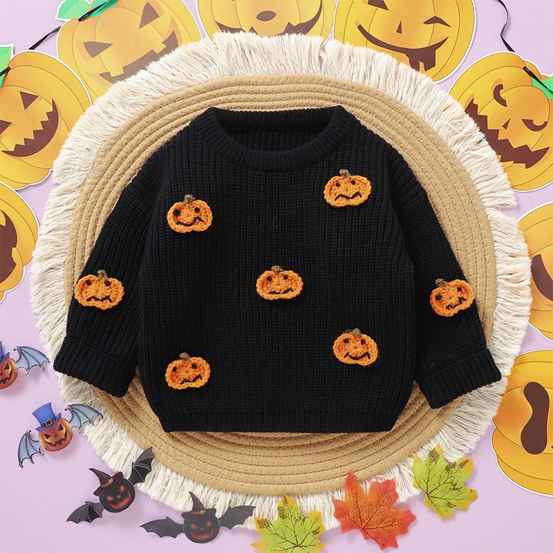 Baby Girls Boys Knitted Sweater Long Sleeve Crew Neck Pumpkin Warm Halloween Clothes Outerwear Winter Kids Tops Outfits