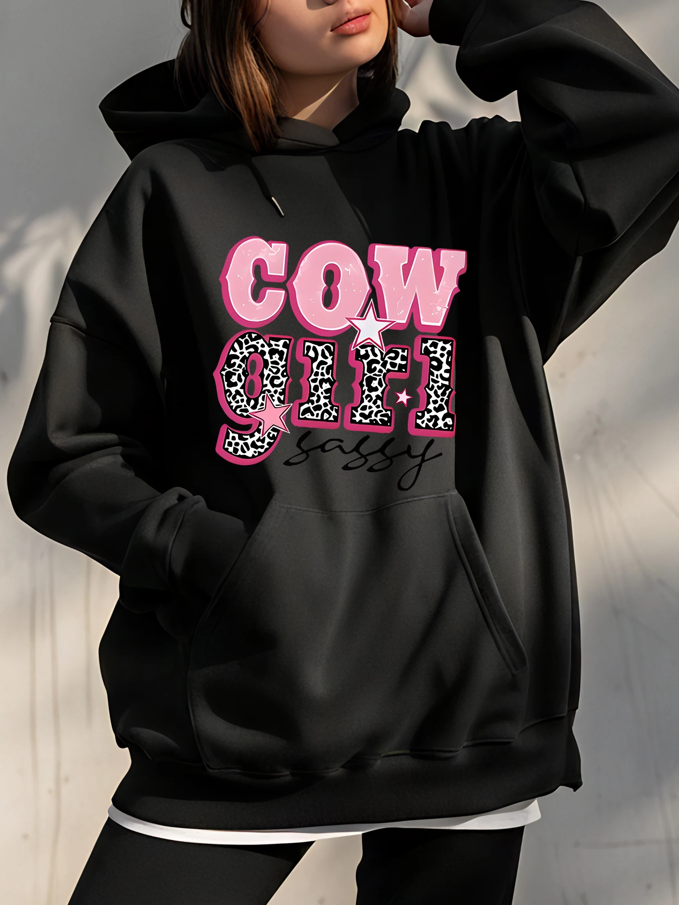 

【Cowgirl】Розовая толстовка с леопардовым принтом, свободная посадка, повседневная уличная одежда, женская толстовка с карманом, молодежная, городская одежда