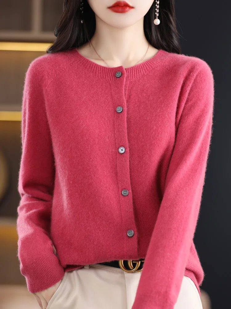 ADDONEE New Women\'s O-neck Cardigan Spring Autumn Long Sleeve Pure Color Sweater 100% Merino Wool Knitwear Soft Comfort Clothes