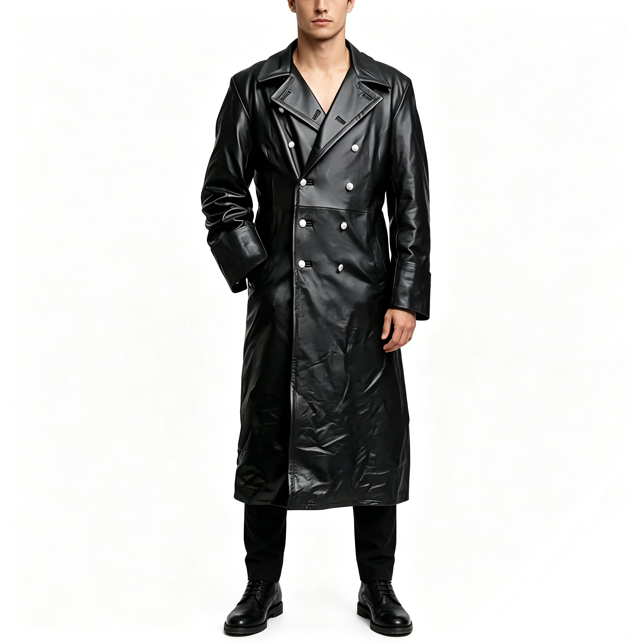 

Awwwcos Mens Medieval Vintage Double Breasted Black Leather Trench Coat Vintage Classic Officer Military Uniform Long Jacket