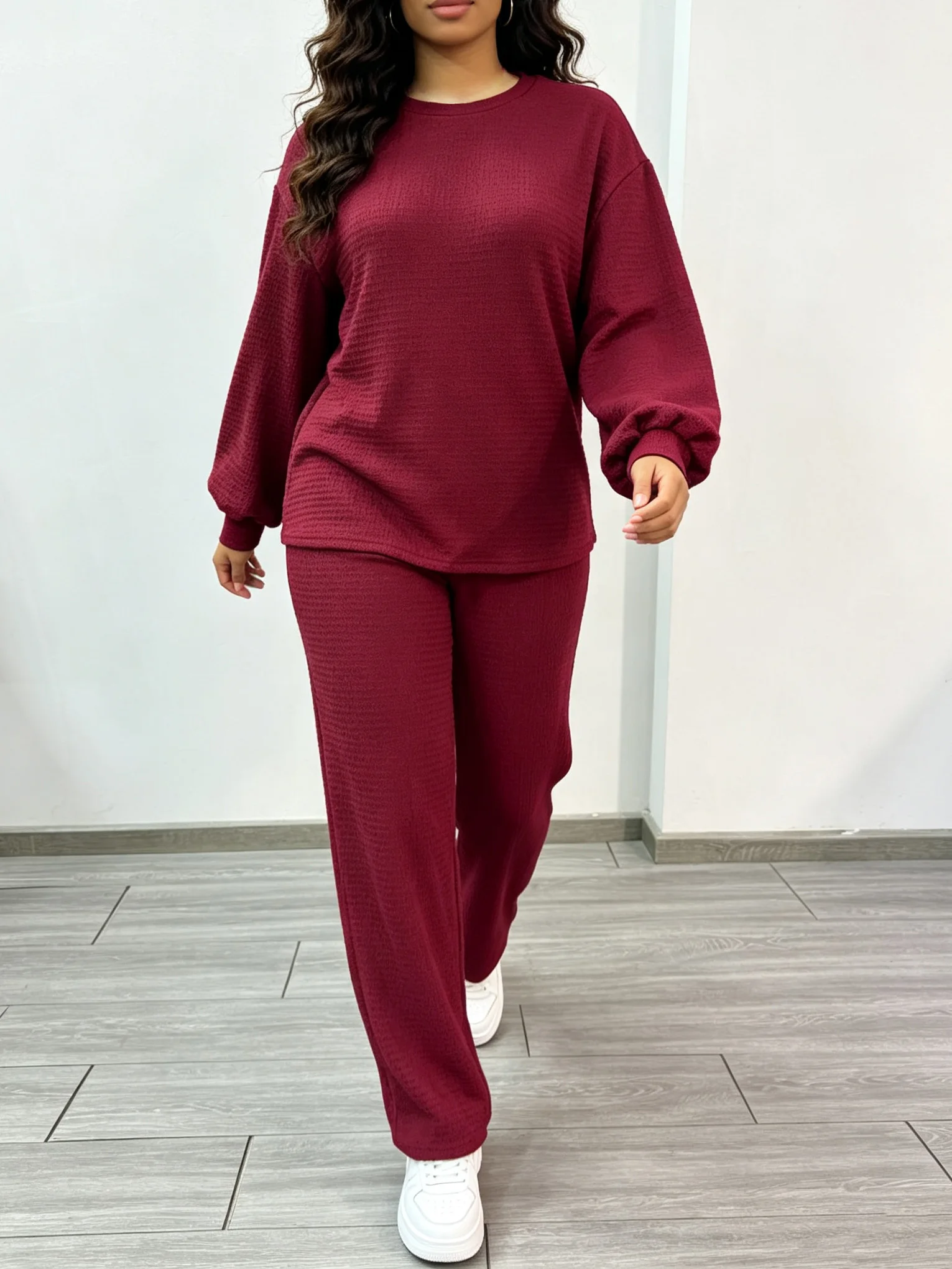 Women Textured 2 Piece Outfit, Round Neck Lantern Sleeve Top & Wide Leg Pants, Casual Loose Matching Tracksuit for Daily Wear