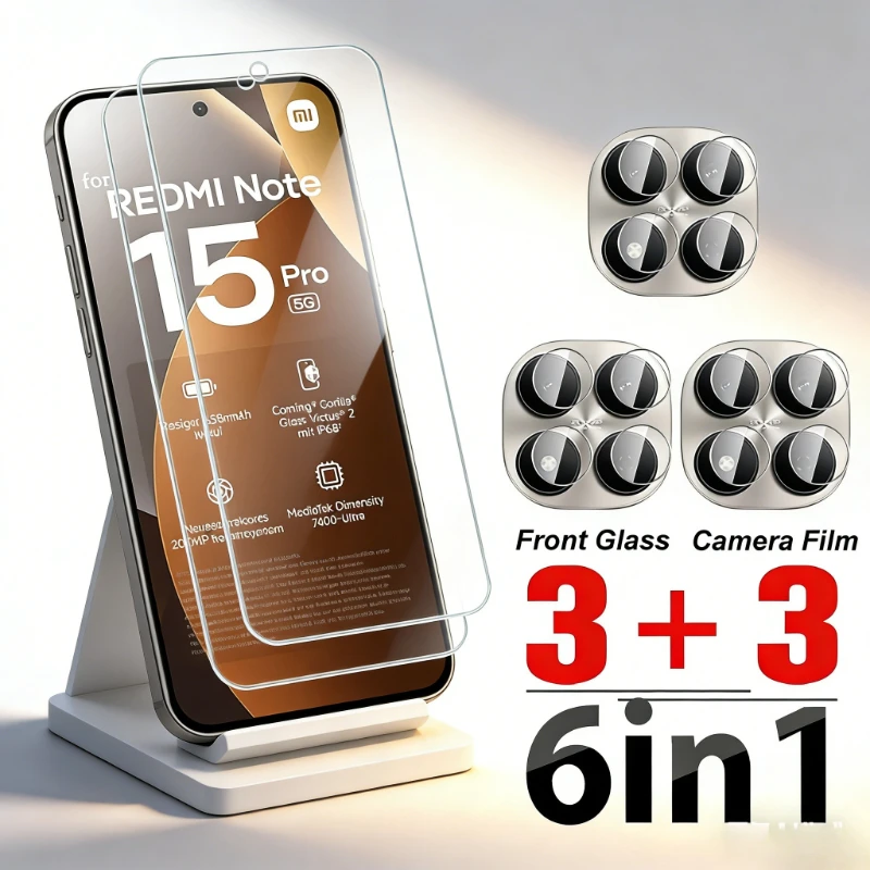 Note 15 Global Cover 6in1 HD Tempered Glass Screen Protector for Xiaomi Redmi Note 15 Pro Plus Note 15 14 Pro 5G 4G Camera Film