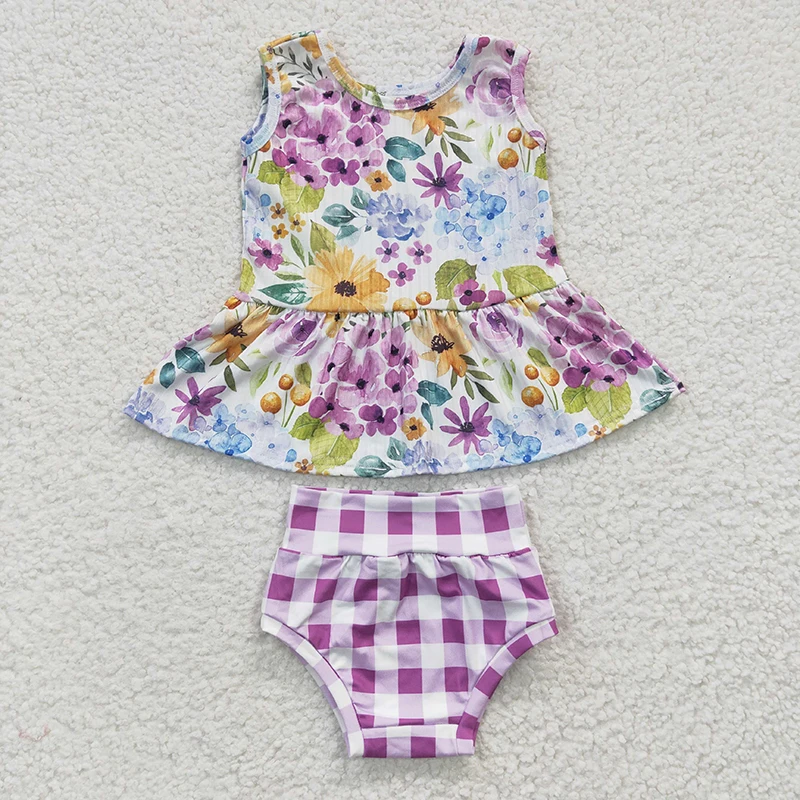 

Wholesale Baby Girl Set Sleeveless Tank Floral Shirt Purple Plaid Shorts Toddler Flower Bummie Children Summer Newborn Outfit