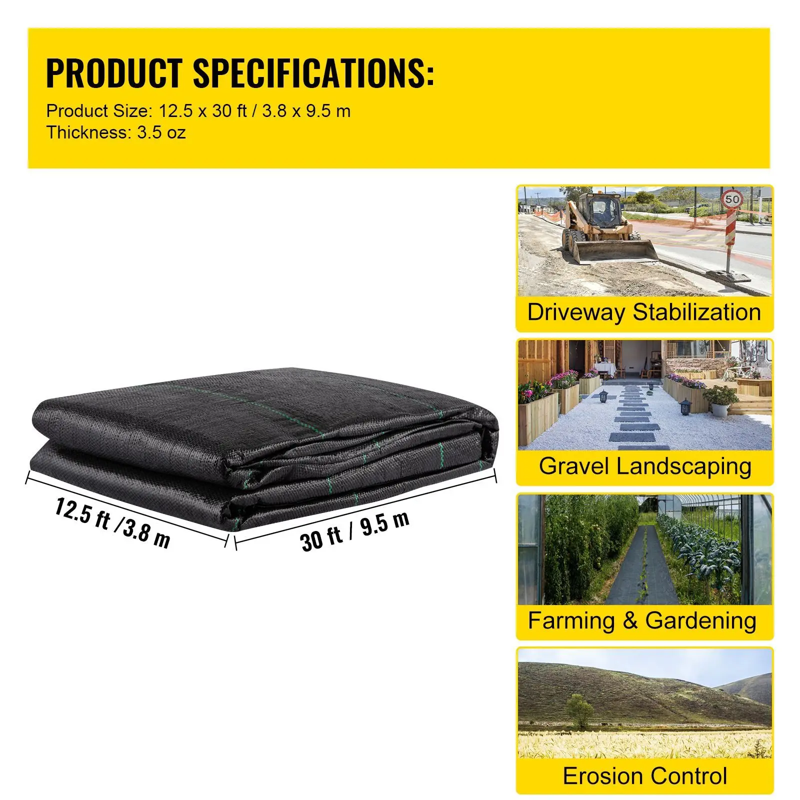 Geotextile Fabric, 12.5 x 30 ft 3.5oz Woven PP Driveway Drain Cloth with 600lbs Tensile Strength, Heavy Duty Underlayment for Soil Stabilization, Landscaping, Weed Barrier, 12.5FT30FT-3.5OZ, Bla