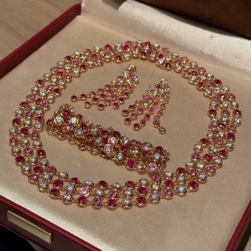 Bellux Multi Layer Round Jewelry Set Blue Pink White Zircon Necklace Bracelet Long Drop Earrings for Bridal Wedding Banquet