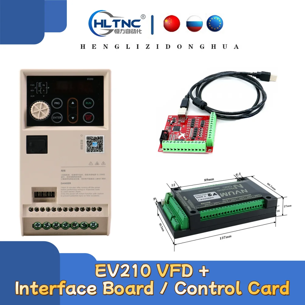 

HLTNC 1.5KW 2.2KW EV210 Frequency Converter 220V/380V 50/60Hz VFD+4-axis NVUM Control Card or 4-axis USB Interface Board for PLC