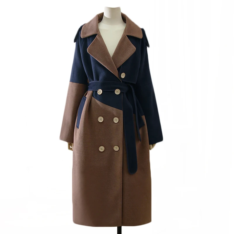 Senior Sense Korean Collision Color Stitching Design Tweed Coat Female Winter New Long Paragraph Double-Breasted Tweed Jacket