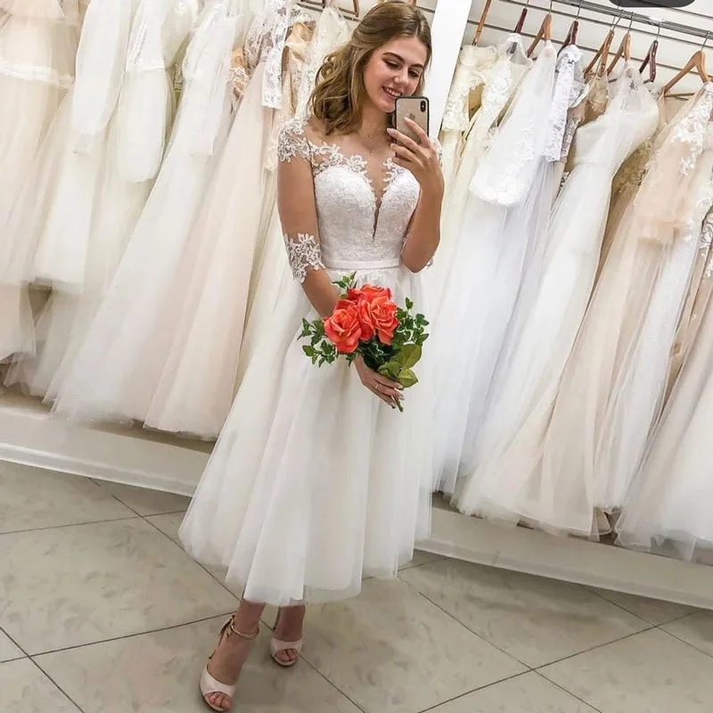 Customized Women Wedding Dresses Lace Half Sleeves Tulle Bridal Gowns Formal Vestido De Noiva robe de mariée Abendkleider